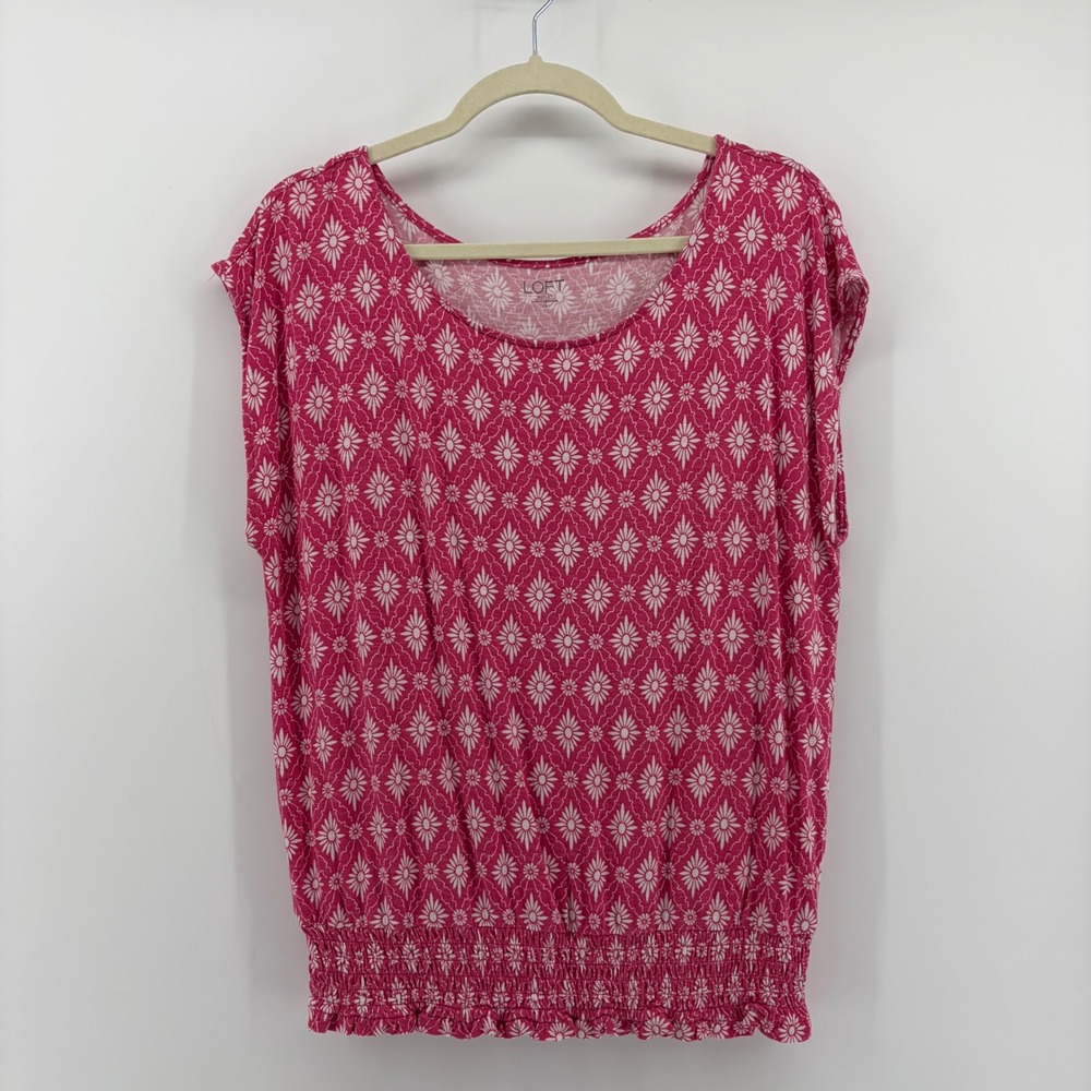 Loft Women LP Pink Geometric Floral Cap Sleeve Smocked Hem Blouson Top